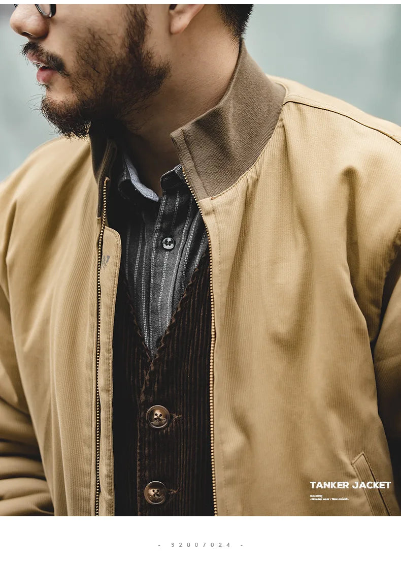 Maden Men’s Brown Flight Bomber Jackets Vintage Pilot Aviator Monocycle Jacket Slim Fit With Patches Stand Collar