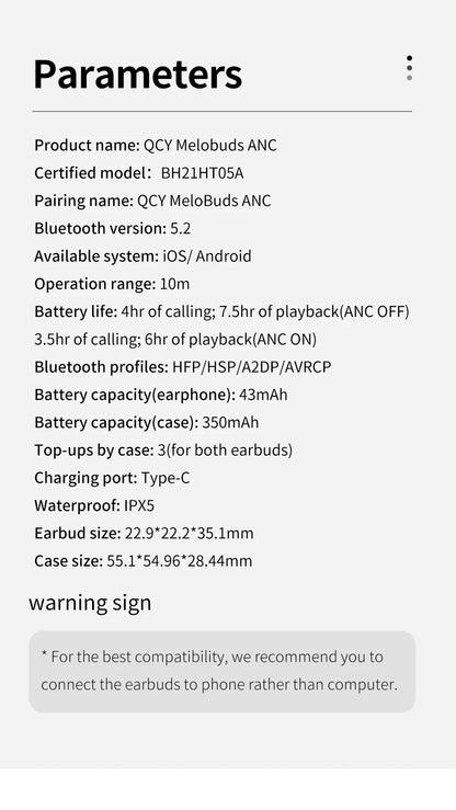 QCY HT05 ANC Wireless Earbuds - TWS Bluetooth 5.2 with 40dB Active Noise Cancellation and In-Ear Mics