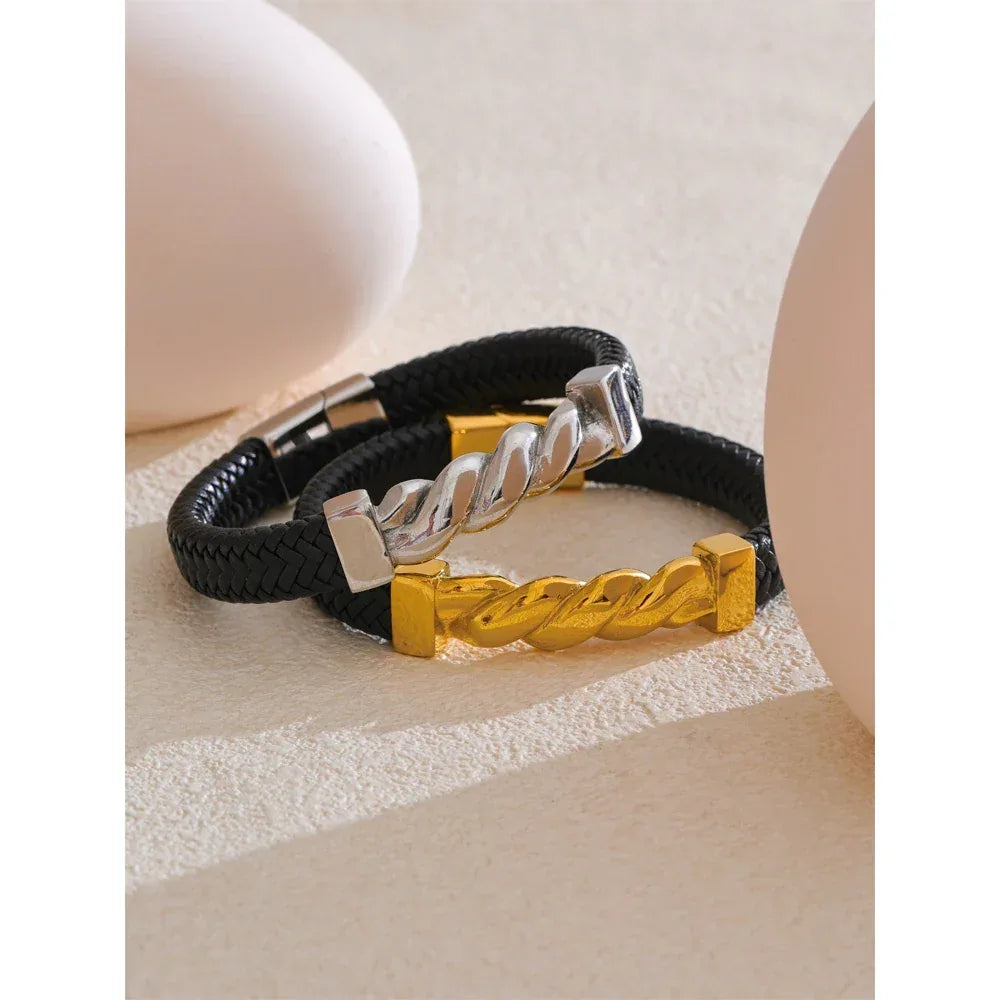 65mm Leather Metal Twisted Chain Handmade Wide Bracelet Bangle - ShopHub