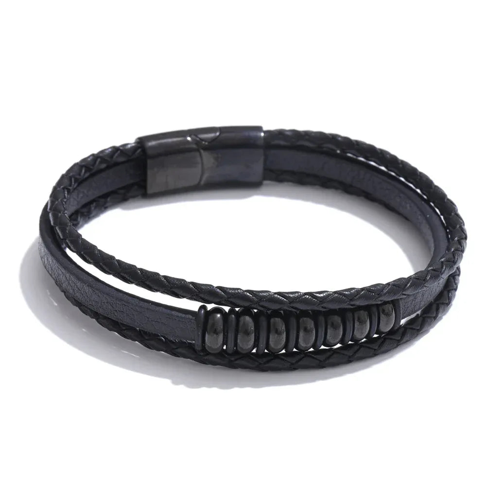 Stylish Black Fibre Leather Layered Men's Wrist Bracelet Bangle - ShopHub