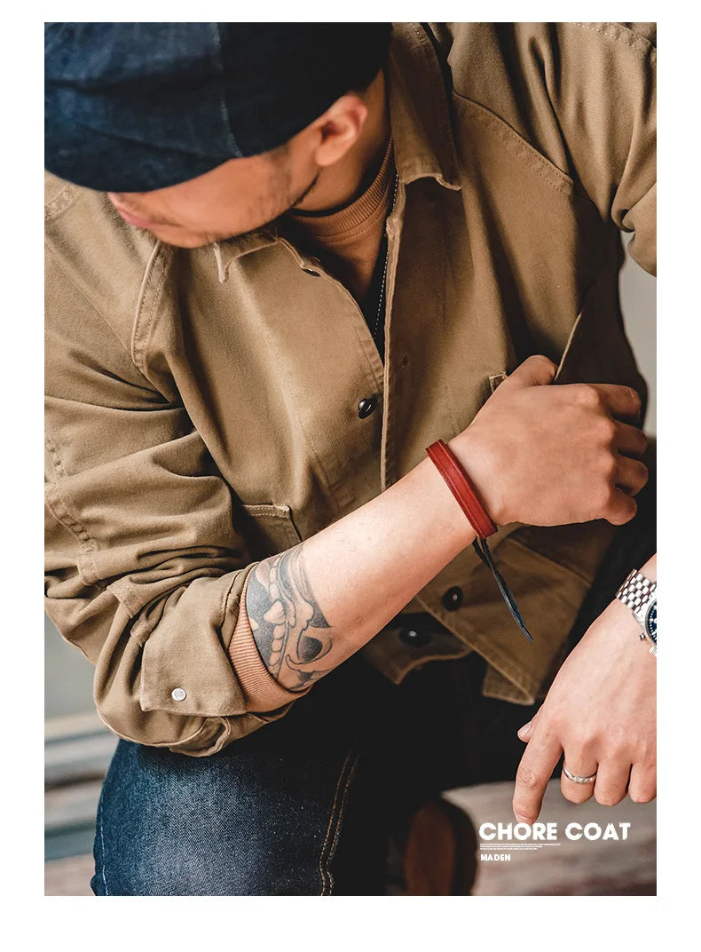 Maden Heavyweight Twill Fabric Four-pocket Chore Coat for Men Khaki Color Turn-down Collar Utility Jacket Male Autumn Jackets