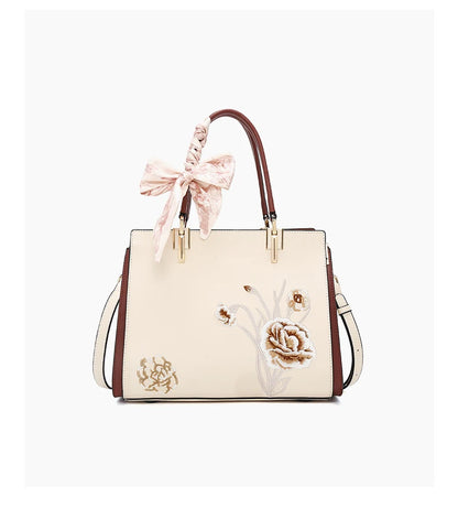 FOXER Luxury Embroidery Women's Handbag Split Leather Elegant Lady Tote Bag Chinese Style Shoulder Bag Best Mother's Day Gift