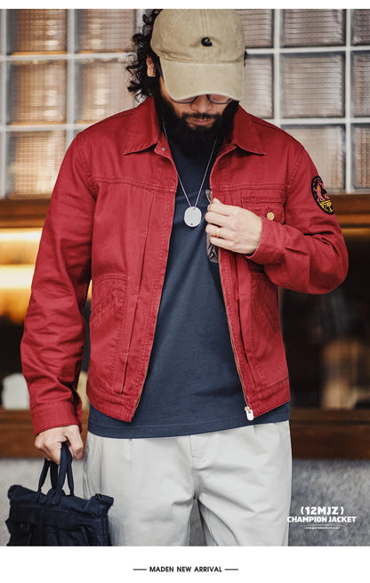 Maden New Vintage Heavy-Duty Letter Embroidered 12MJZ Jacket Red Slim-Fit Canvas Lapel Coat Men's Spring Zip-Up Casual Outerwear