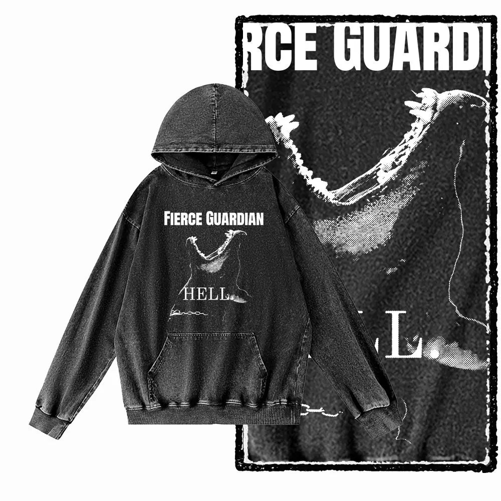 COOLMIND G21 Vintage Graphic Acid-Washed Black Hoodie