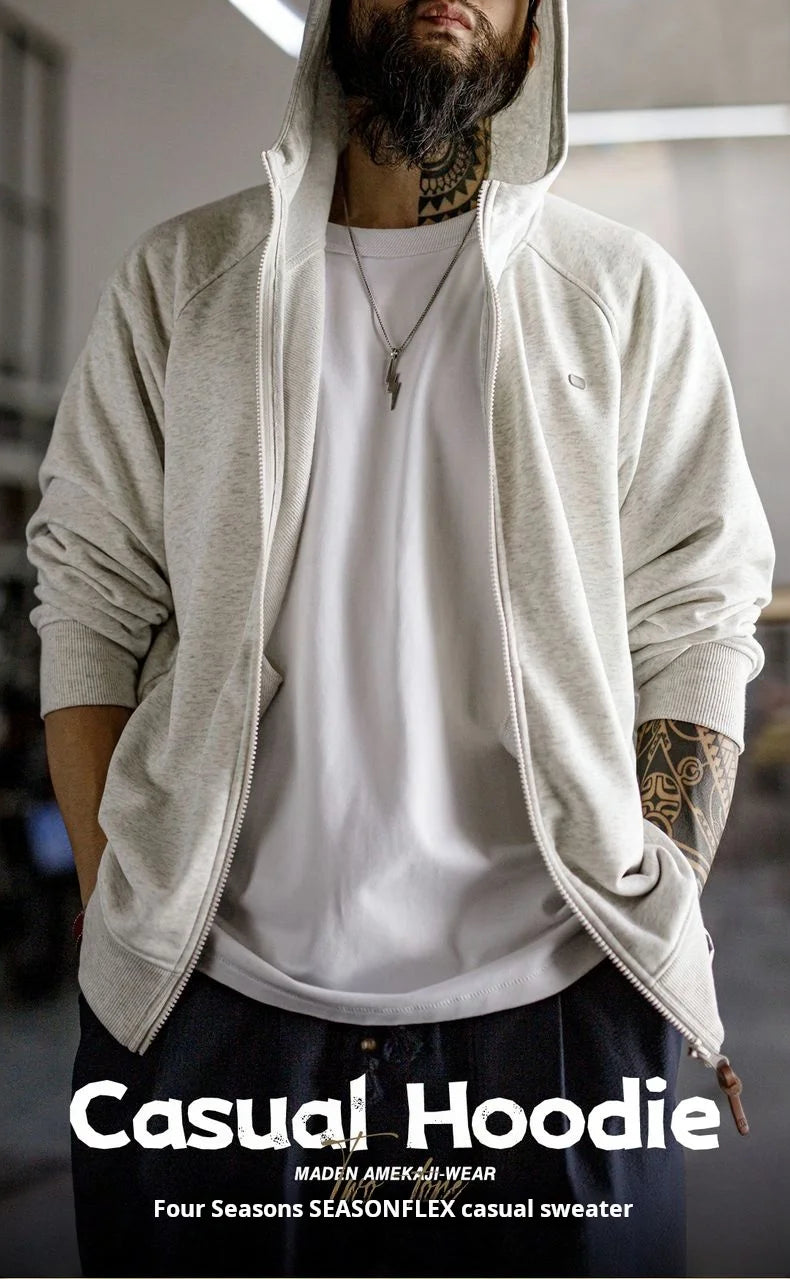 Maden Men's Casual Loose Fit Hoodie Raglan Sleeves Heather Gray Cardigan Ribbed Hem Long Sleeve Outerwear for Spring Fall