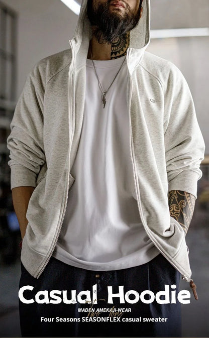 Maden Men's Casual Loose Fit Hoodie Raglan Sleeves Heather Gray Cardigan Ribbed Hem Long Sleeve Outerwear for Spring Fall