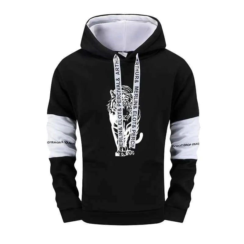 Tiger Printed Men's Tracksuit - Black White Mix Hoodies and Sweatpants for Urban Fashion Casual Outfits