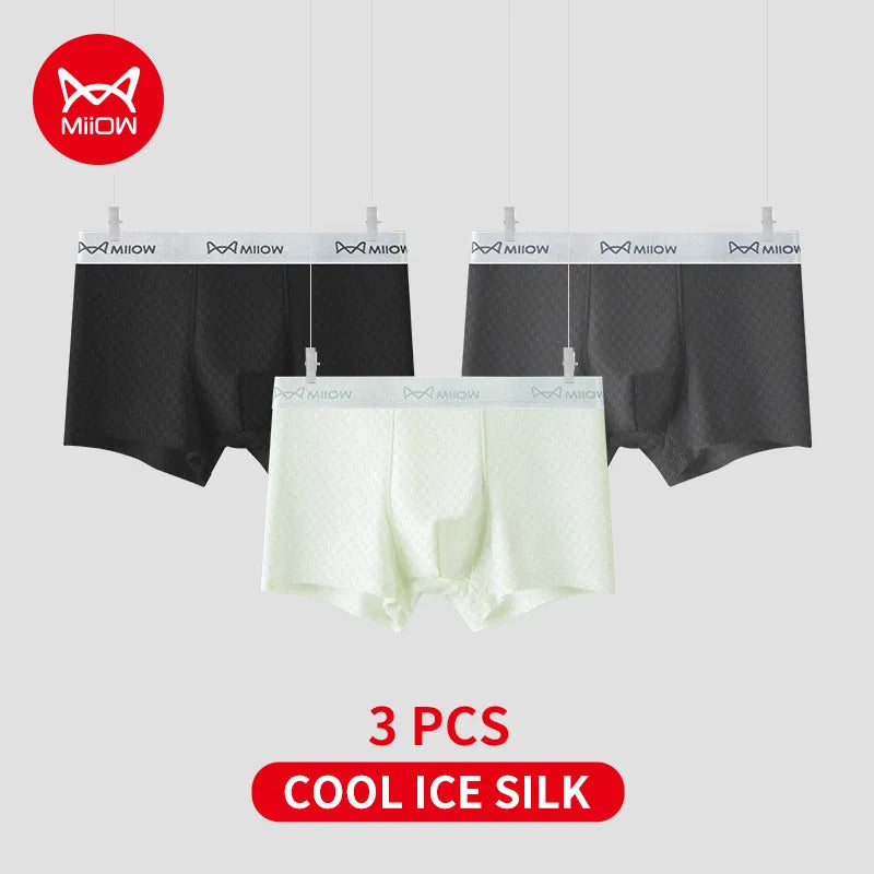 MiiOW 3Pcs Men's Breathable Boxers - Ice Silk Antibacterial Underwear with Cool Breathable Mesh