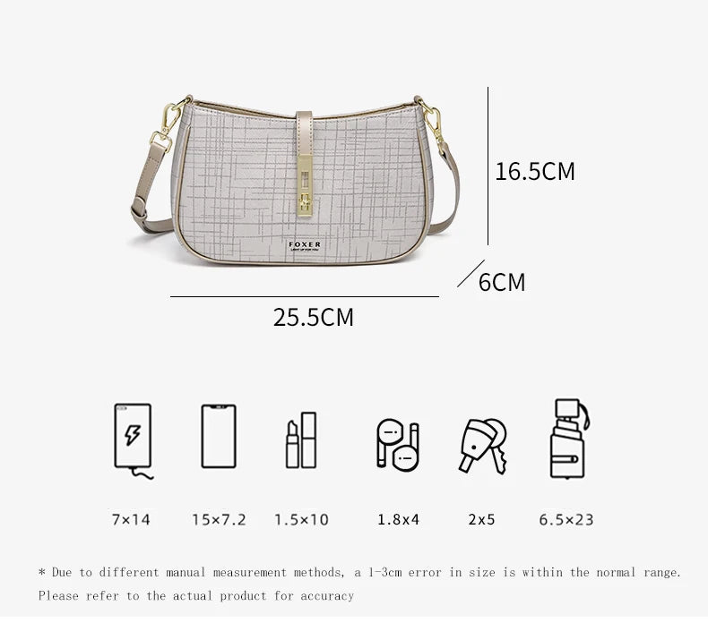 FOXER Cowhide Leather Women Baguette Shoulder Bag Light Luxury Ladies Crossbody Bag Fashion Sling Purse for Daily Dating Use