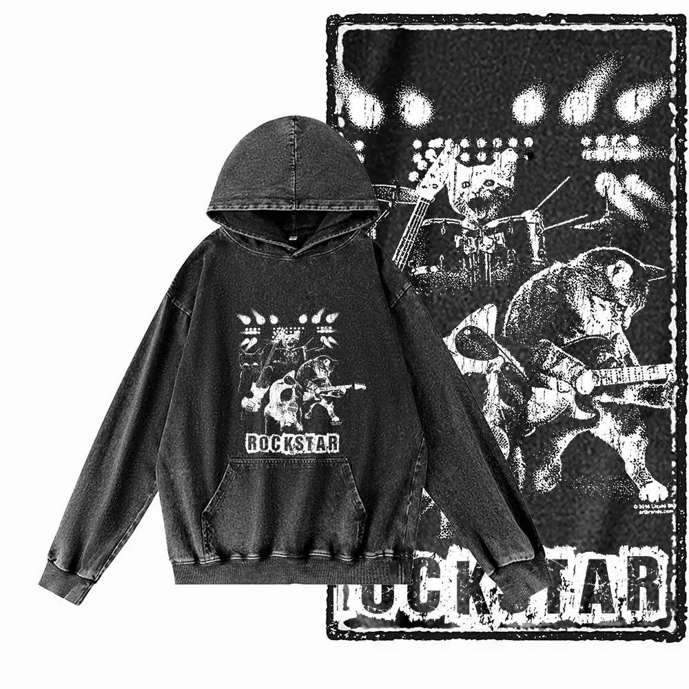 Night Prowler Cat Graphic Acid-Washed Black Hoodie
