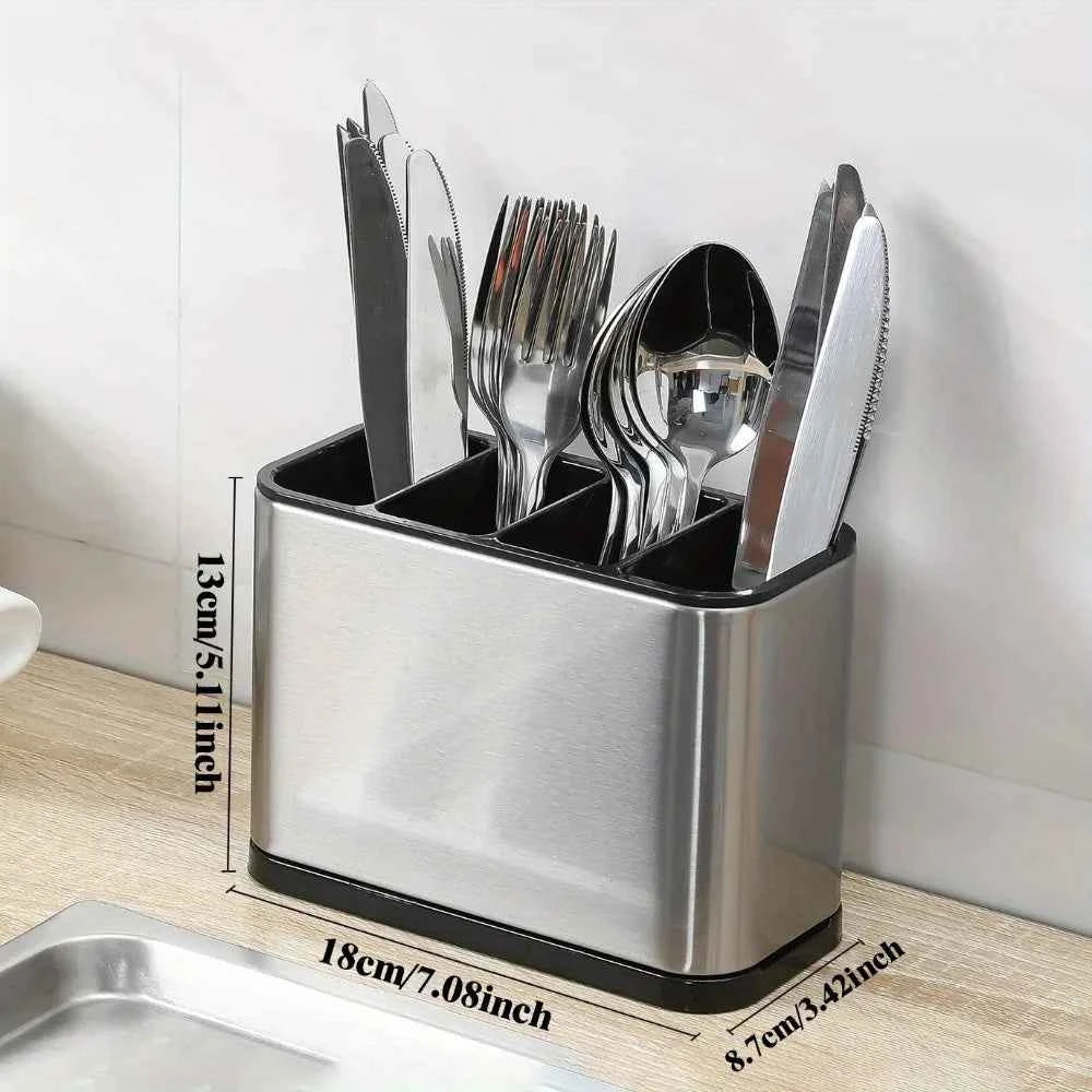 1Pc Stainless Steel Cutlery Holder with 4 Compartments, Rustproof Organizer for Kitchen Counter, Large Capacity Utensil Storage