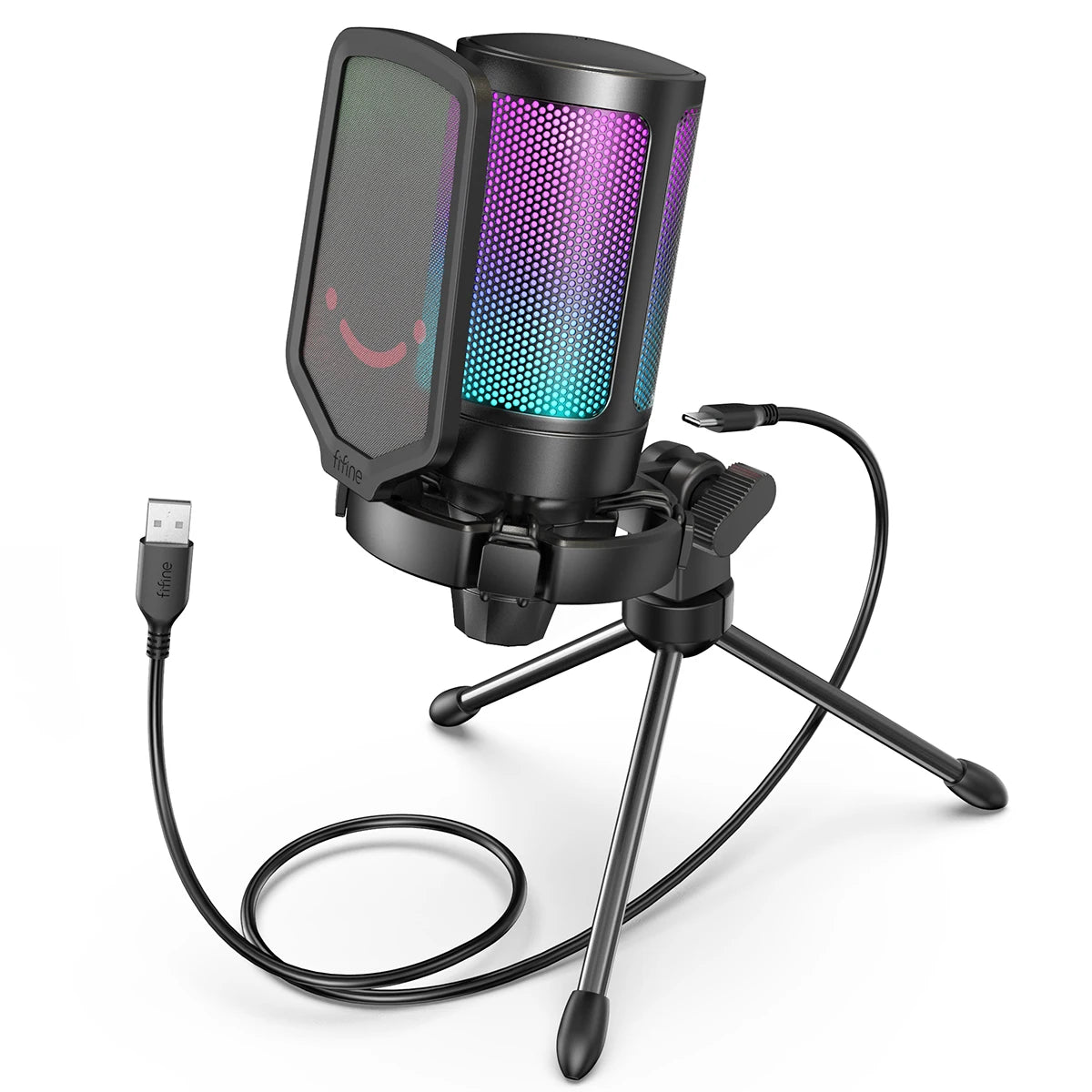 FIFINE USB gaming microphone for streaming, featuring a sleek black design with adjustable volume controls and a sturdy stand.