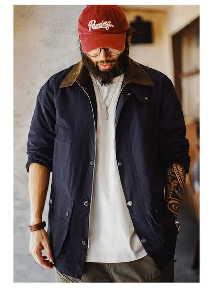 Maden Vintage Men's Blue Safari Jacket Waterproof Hunting Coat Loose Fit Windproof Contrast Collar Windbreak  for Spring Fall