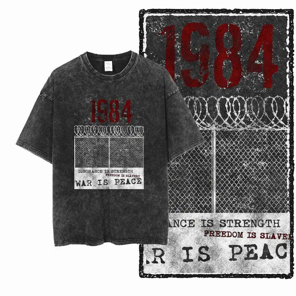 G02 Exclusive 100% Cotton Big Size 1984 Graphic Men T-shirt | Acid Washed Streetwear Cool Vintage O-neck Men's Tee Tshirt