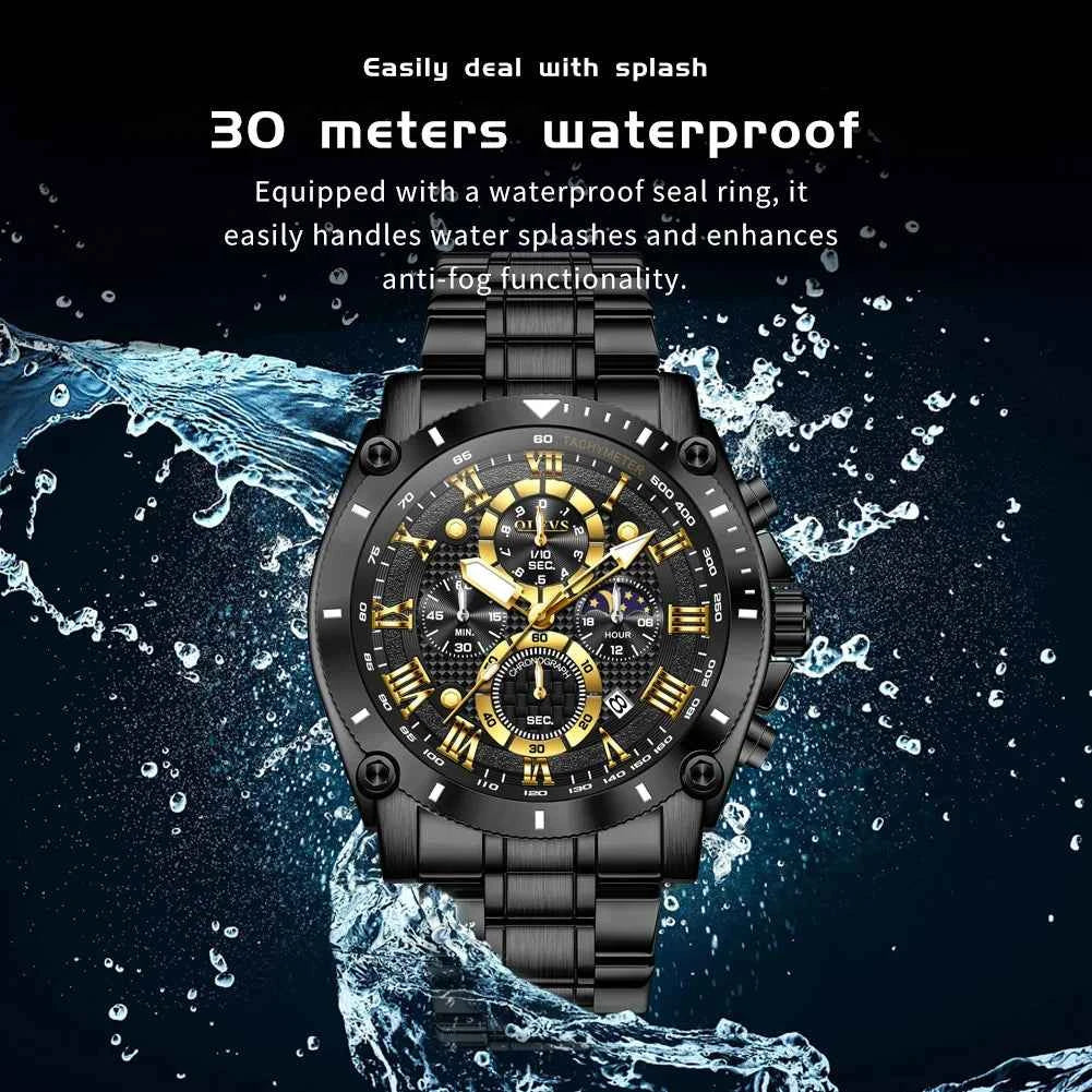 OLEVS 3689 Mens Business Quartz Watch - Waterproof Luminous Stainless Steel Moon Phase Date Sports Watch with Gift Box