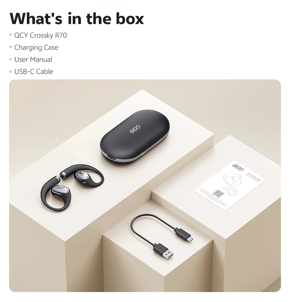 QCY Crossky R70 Wireless Headphones - Hi-Res Open-Ear Bluetooth 6.0 Earhooks with Bass Boost
