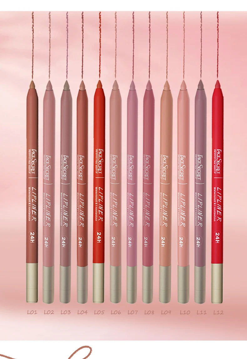 Face Secret 12 Colour Lipliner makeup set featuring a variety of colorful lipliner pencils on a neutral background.