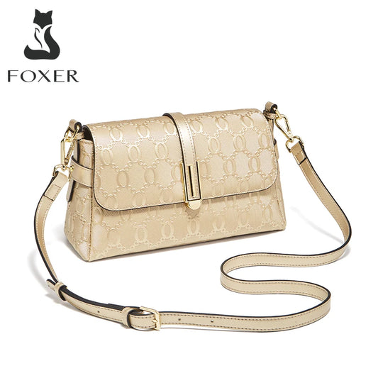 FOXER Split Leather Women's Shoulder Bag Luxury Female Crossbody Bag Fashion Monogram Gold Embossing Bag for Commute & Travel
