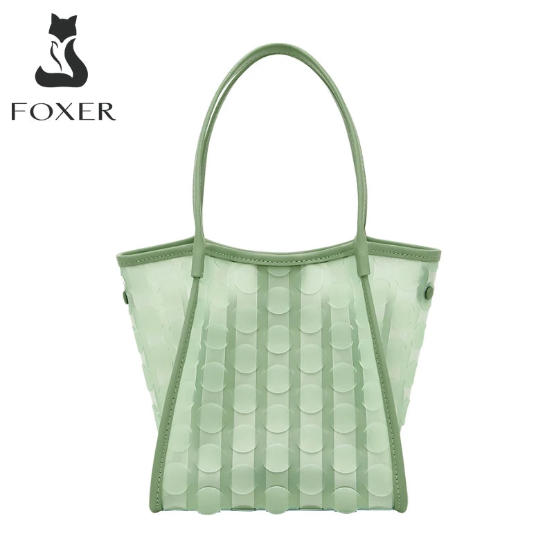 FOXER Light Green Women's Tote Bag, Fashion Waterproof TPU Handbag for Summer Travel & Commute, Lightweight Lady's Shoulder Bag
