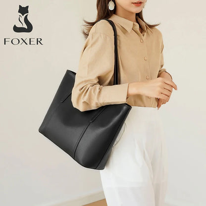FOXER Split Leather Shoulder Bag for Women Simple Large Capacity Tote Lady Classic Black Handbag Gift for Wife, Lover