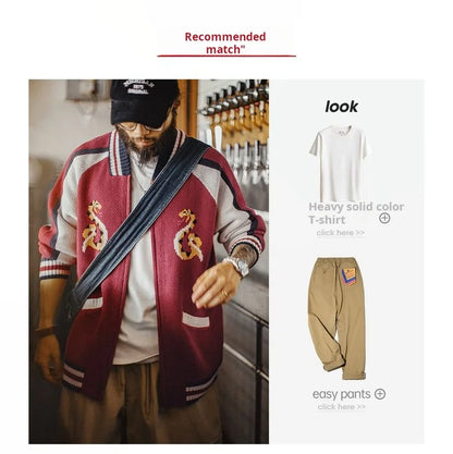 Maden Vintage Yokosuka Embroidered Jacket Men's Jacquard Knitted Cardigan Thickened Warm Zippered Baseball Coat for Fall Winter
