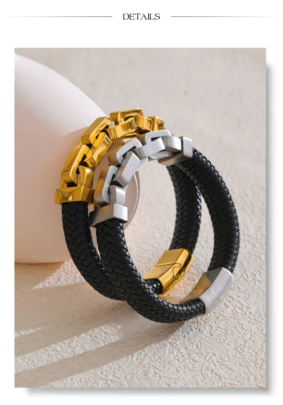 18K PVD Plated Stainless Steel Metal Chain Leather Handmade Men's Bracelet Bangle - ShopHub