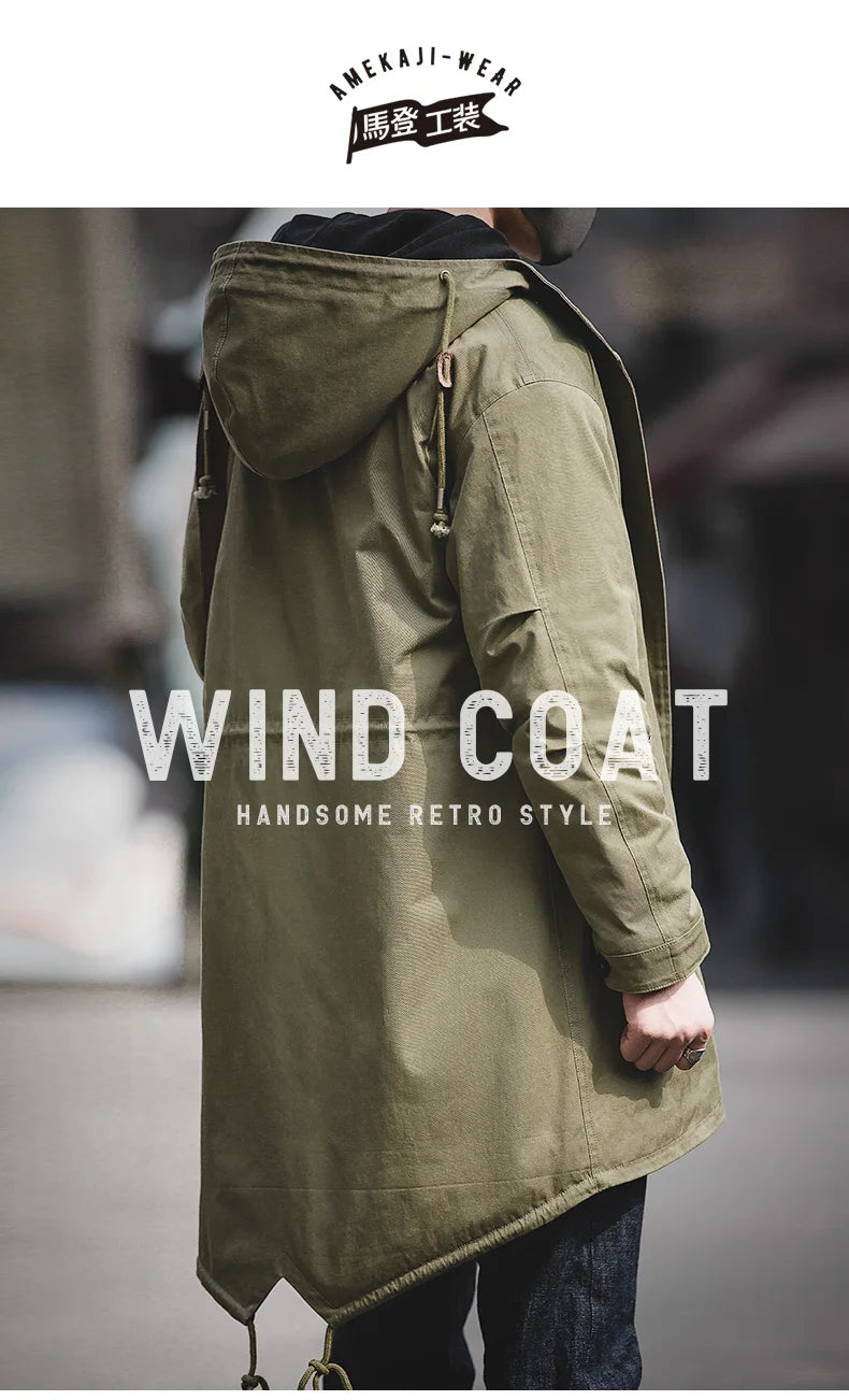 Maden Men's Thick Hooded M-51 Fishtail Cotton Coat Plus Velvet Parka Jacket Green Windbreaker Winter Autumn Men Trench Coat