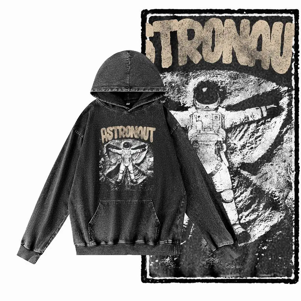 Cosmic Drift Space Graphic Acid-Washed Black Hoodie