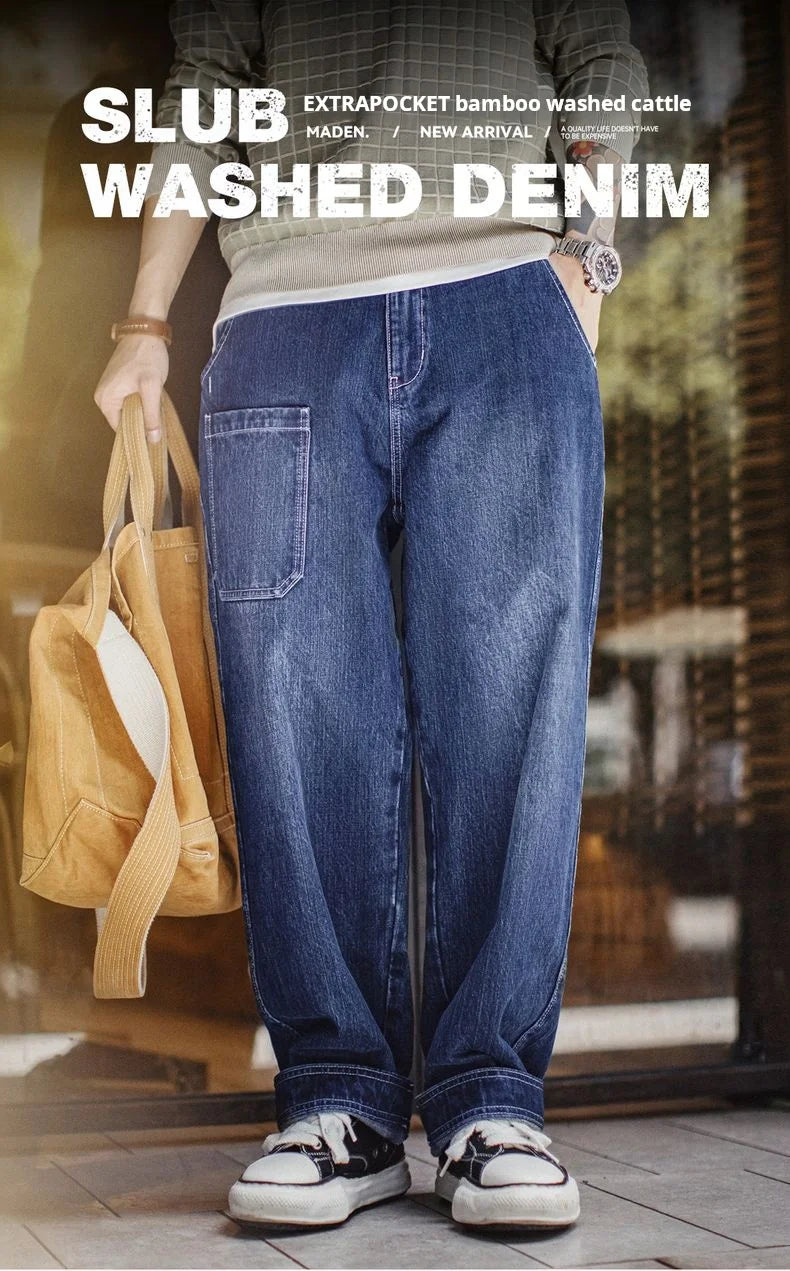 Maden 15oz Slub Cotton Denim Jeans Vintage Men's Washed Blue Straight Tapered Trousers Pants with Pockets for Men Autumn Winter