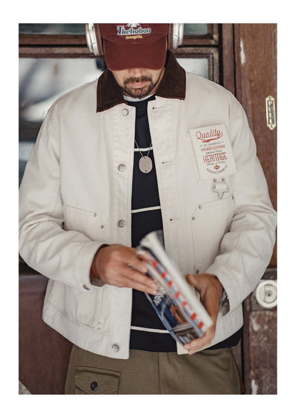 Maden Men's Retro French J22 Jacket Heavyweight White Cottonseed Shell Safari Coat Corduroy Collar Spring/Fall Hunting Outerwear