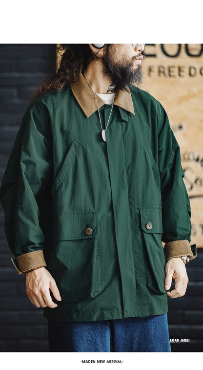 Maden Men's Retro Multi-pocket Safari Jacket Green Loose Corduroy Lapel Classic Coat Versatile Outerwear for Spring and Autumn