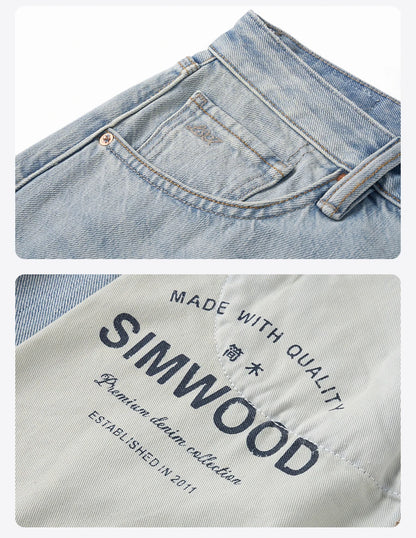 SIMWOOD 2026 Autumn Winter New Loose Straight 13oz 100% Cotton Fabric Jeans Men Washed Vintage Classical Denim Trousers