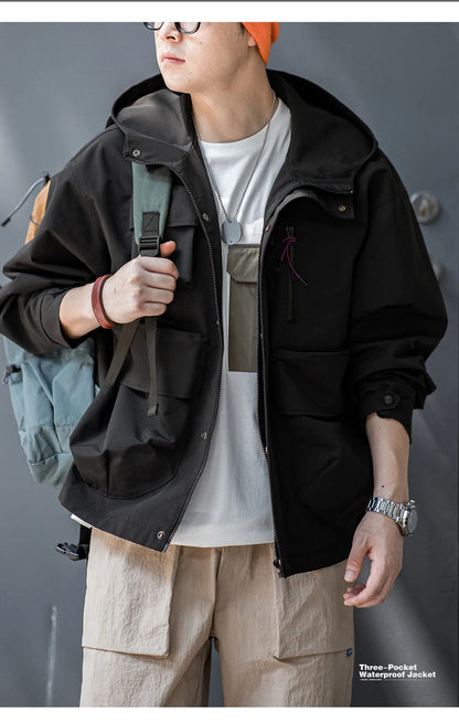 Maden Casual Multi-Pocket Functional Hooded Jacket Black Loose Outdoor Sports Coat for Men's Spring and Autumn Versatile Jacket