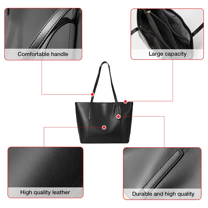 FOXER Split Leather Shoulder Bag for Women Simple Large Capacity Tote Lady Classic Black Handbag Gift for Wife, Lover
