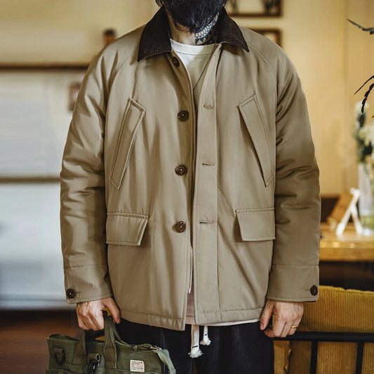 Maden Vintage Corduroy Collar Cotton Padded Safari Jacket Thickened Warm Coat for Men's Fall and Winter Versatile Overcoat