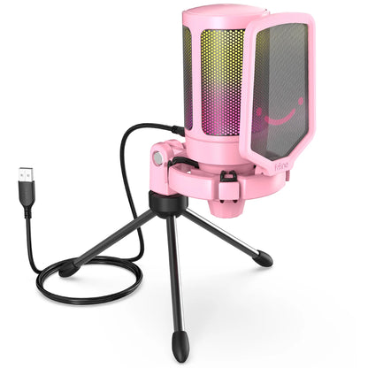FIFINE USB gaming microphone for streaming, black with adjustable stand and mute button, ideal for gaming and online communication.