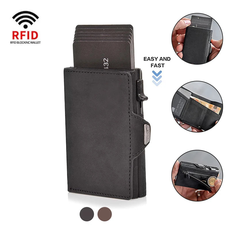 100% Crazy Horse Genuine Leather Men's Wallets - Rfid Card Holder