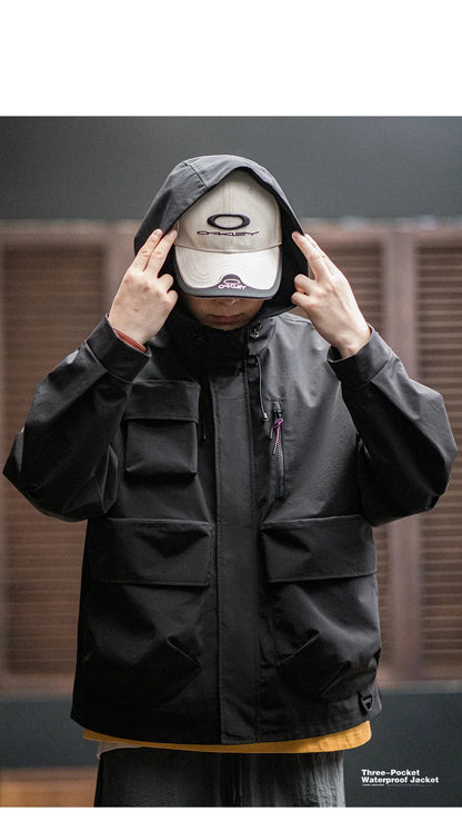 Maden Casual Multi-Pocket Functional Hooded Jacket Black Loose Outdoor Sports Coat for Men's Spring and Autumn Versatile Jacket