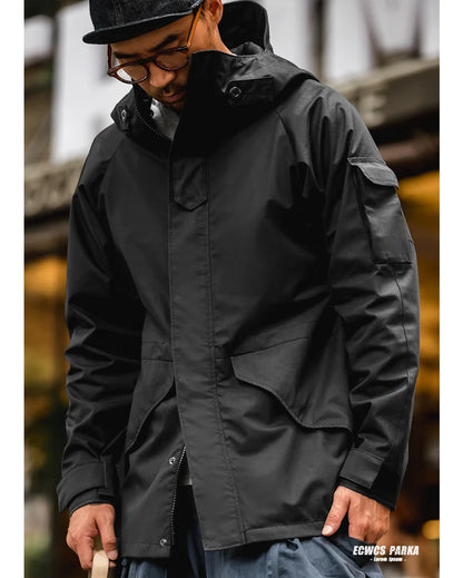 Maden Outdoor Sports Hooded Jacket for Men Black Windbreaker Motorcycle Style Mid-length with Multi-pockets Coat for Autumn