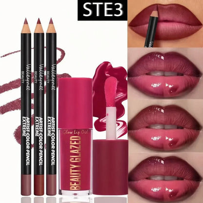 Lip Kit Set-3pcs Lip Liner+1pc Lip Glaze, Waterproof