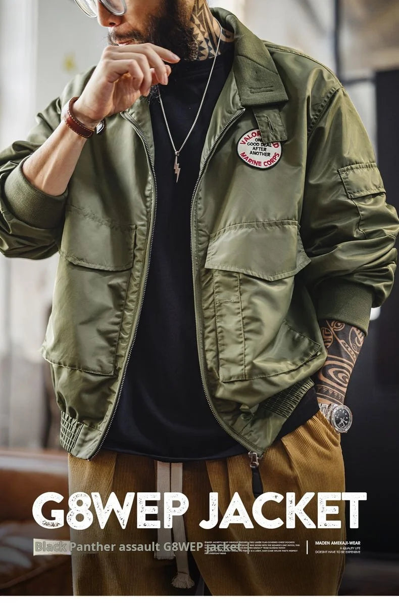 Maden Vintage Military Style G8WEP Jacket Men's Short Length Stand Collar Tactical Coat Green Lightweight Zip-Up Field Jacket