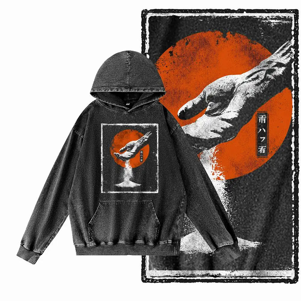 Dragon Strike Acid-Washed Black Graphic Hoodie