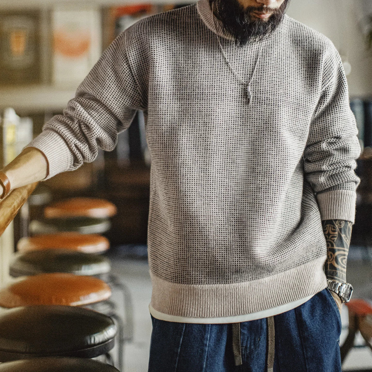MADEN Vintage Grey Crew-Neck Sweater