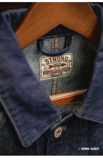 Maden Vintage Embroidered Badge 12.8oz Heavyweight Denim Jacket Washed Lapel Casual Outerwear for Men Spring and Fall Chore Coat