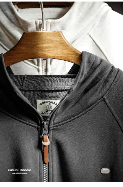 Maden Men's Casual Loose Fit Hoodie Raglan Sleeves Heather Gray Cardigan Ribbed Hem Long Sleeve Outerwear for Spring Fall
