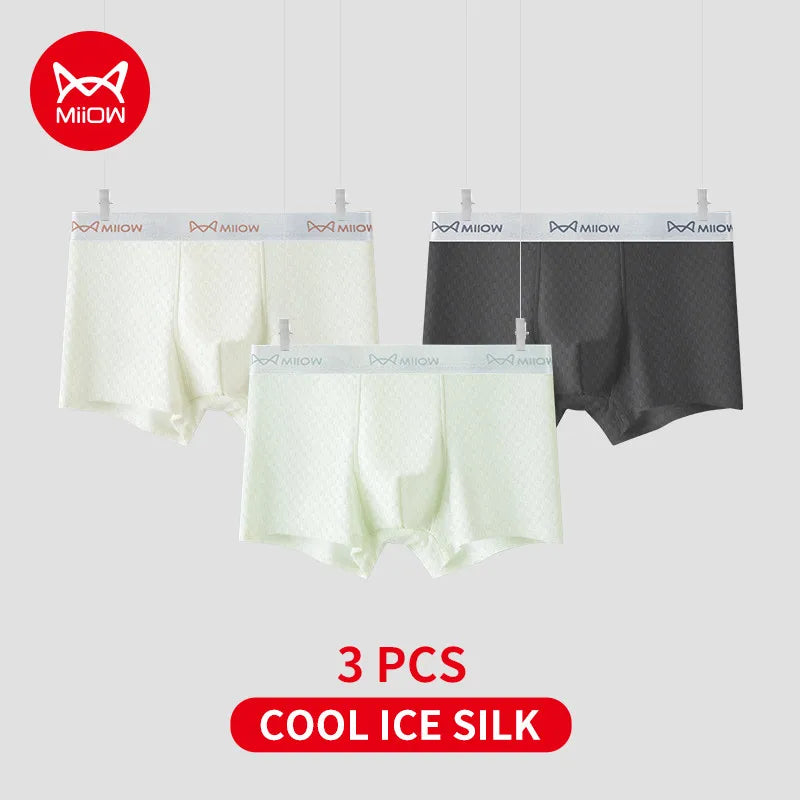 MiiOW 3Pcs Men's Breathable Boxers - Ice Silk Antibacterial Underwear with Cool Breathable Mesh