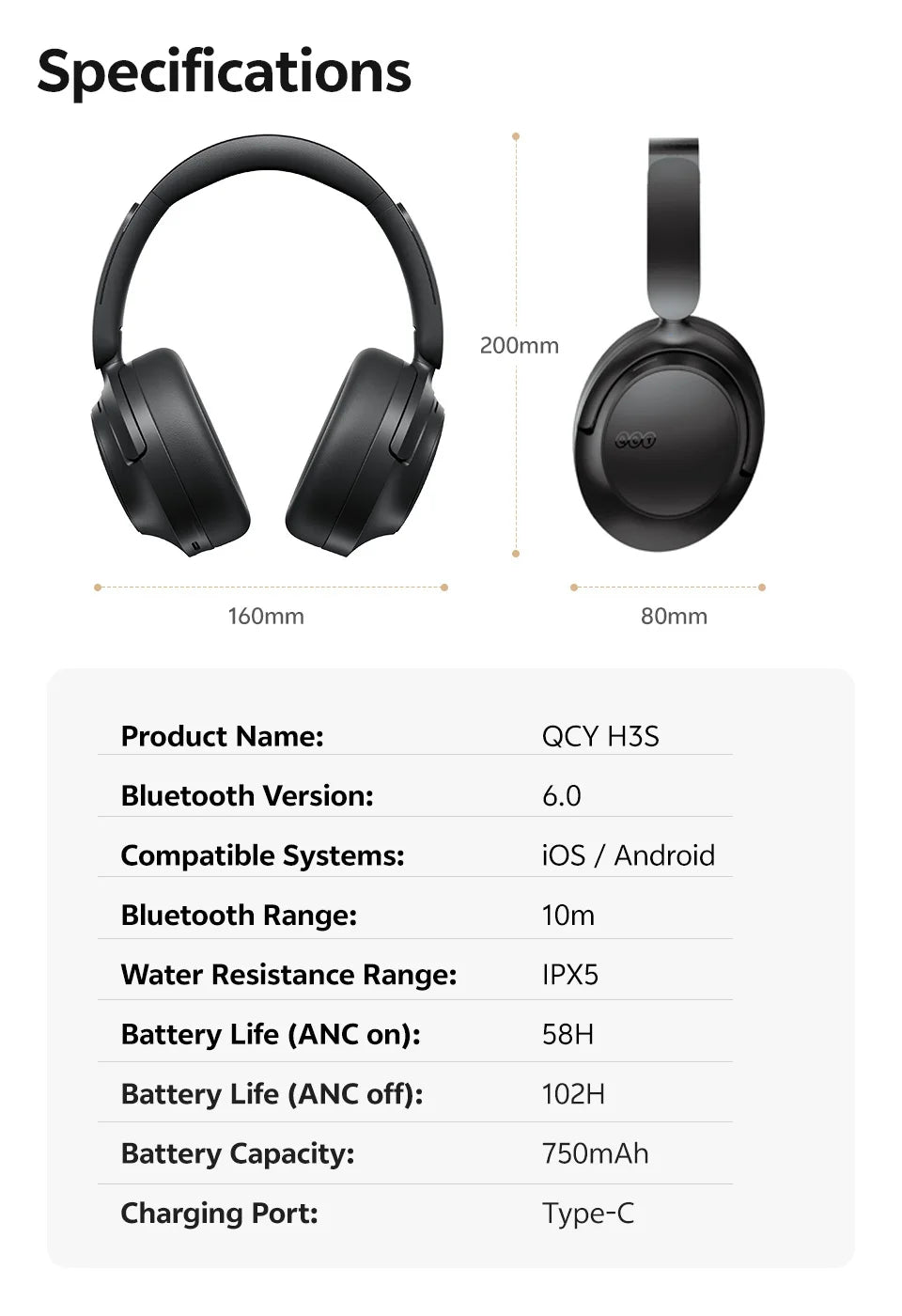 QCY Wireless Bluetooth Headphones 6.0 BH25H3SA - 3D Spatial Audio, Foldable Over Ear Headset with 56dB Adaptive ANC and 53mm Driver - ShopHub