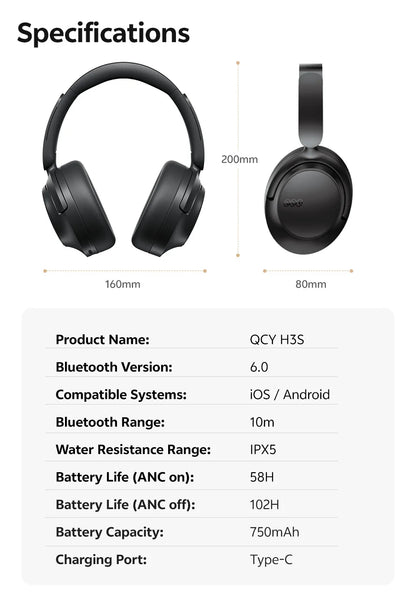 QCY Wireless Bluetooth Headphones 6.0 BH25H3SA - 3D Spatial Audio, Foldable Over Ear Headset with 56dB Adaptive ANC and 53mm Driver - ShopHub
