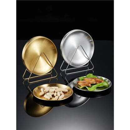 6Pcs Stainless Steel Plates Set with Storage Rack for BBQ Camping Kitchen Accessories