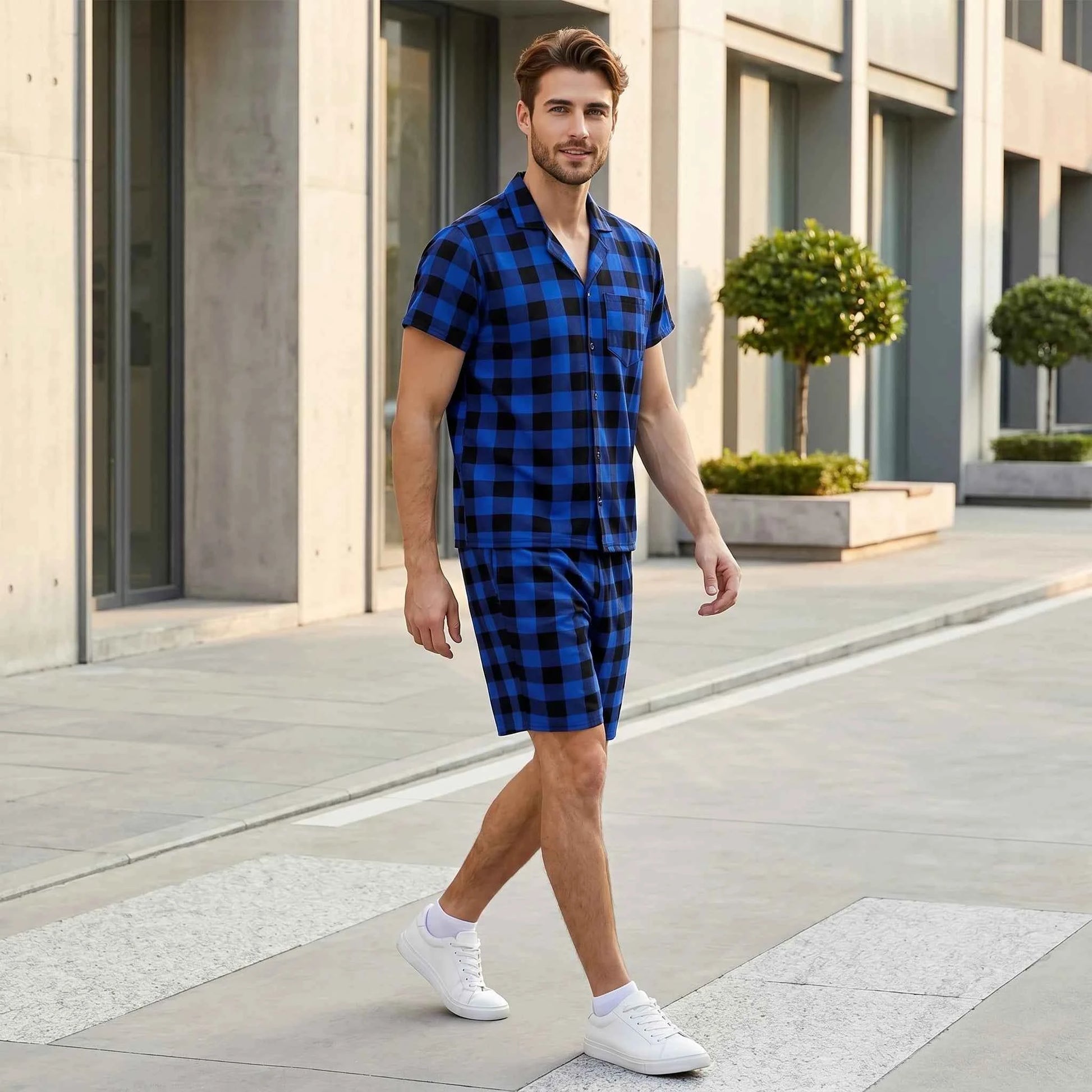 Mens Pajama Sets Short Sleeve Plaid Pajamas for Men Pjs Set Lounge Sleepwear Pj Pants with Pockets Drawstring Summer Pajama